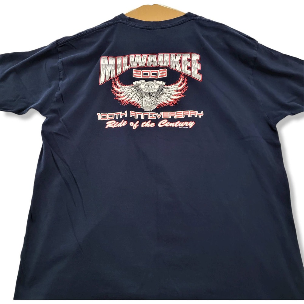 Vintage Y2K Milwaukee Shirt Mens XXL Blue Motorcycle Rally Biker 100 Anniversary